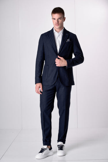 Giacca Monopetto Alta Sartoria Gessato Blu con interni e pochette in tessuto V2
