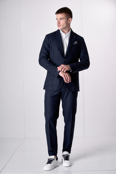Giacca Monopetto Alta Sartoria Gessato Blu con interni e pochette in tessuto V2