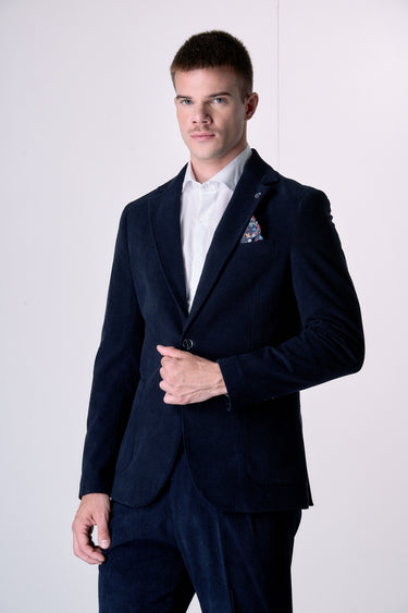 Giacca Monopetto Alta Sartoria in Velluto Blu con interni e pochette in tessuto V2