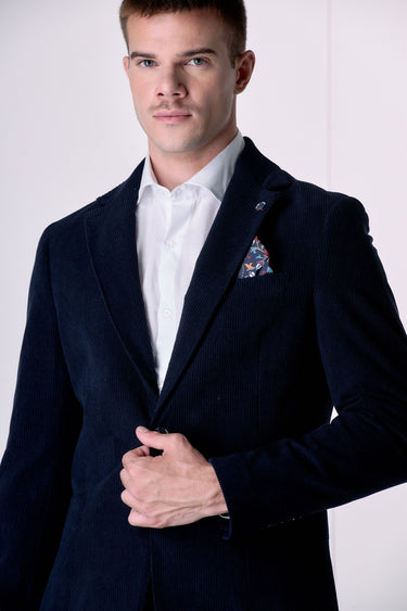 Giacca Monopetto Alta Sartoria in Velluto Blu con interni e pochette in tessuto V2