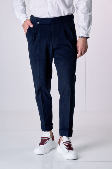 High-end tailoring trousers with double pleats in blue velvet with V2 fabric lining