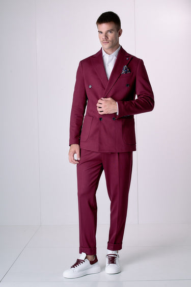 Giacca Doppiopetto Alta Sartoria Bordeaux con interni e pochette in tessuto V2
