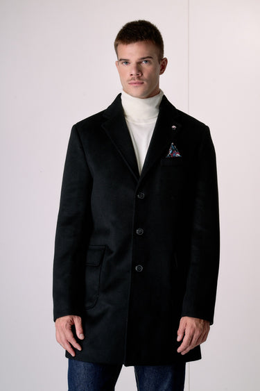 Cappotto Monopetto Sartoriale in lana Nero con pochette e fodera interna in Tessuto V2