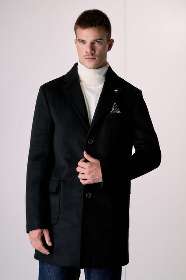 Cappotto Monopetto Sartoriale in lana Nero con pochette e fodera interna in Tessuto V2