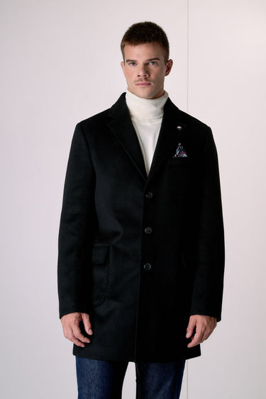 Cappotto Monopetto Sartoriale in lana Nero con pochette e fodera interna in Tessuto V2