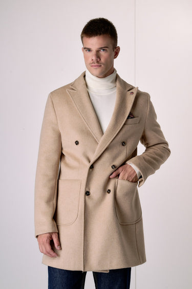 Cappotto Doppiopetto Sartoriale in lana Cammello con pochette e fodera interna in Tessuto V2