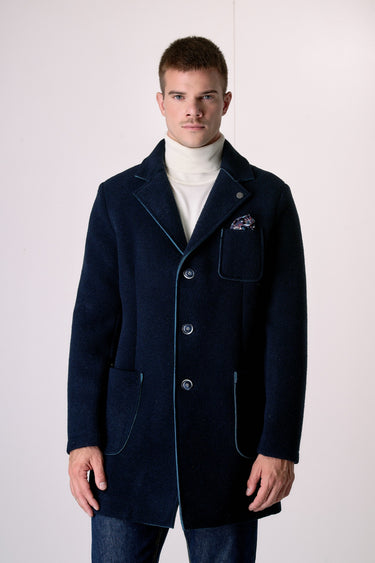Blue Bonded Boiled Wool Coat with V2 Fabric Pocket Square