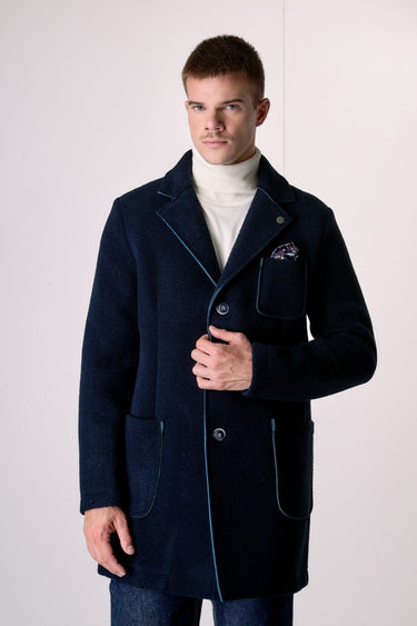 Blue Bonded Boiled Wool Coat with V2 Fabric Pocket Square
