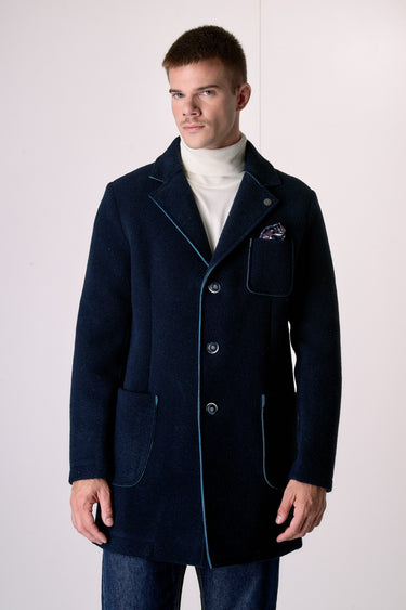 Blue Bonded Boiled Wool Coat with V2 Fabric Pocket Square