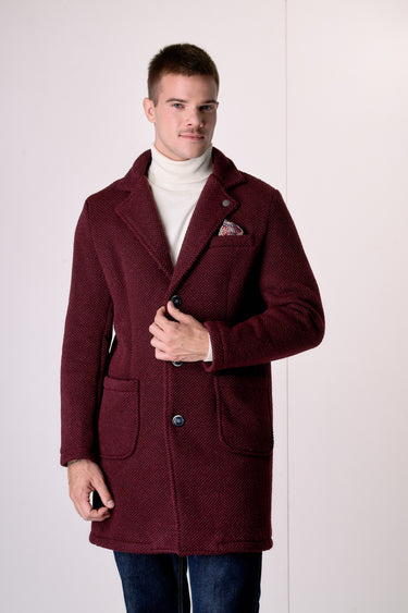 Cappotto Monopetto punto riso Bordeaux con fodera interna e pochette in Tessuto V2