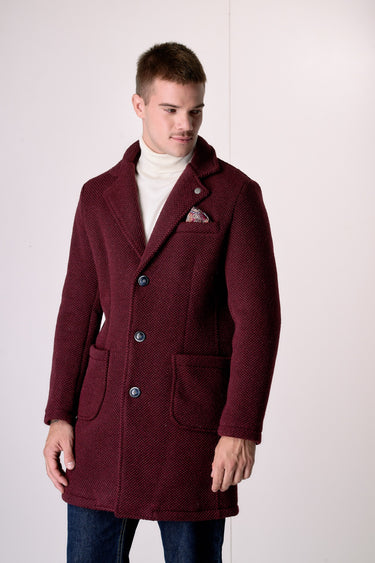 Cappotto Monopetto punto riso Bordeaux con fodera interna e pochette in Tessuto V2