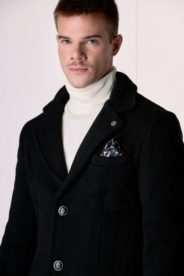 Cappotto Monopetto punto riso Nero con fodera interna e pochette in Tessuto V2