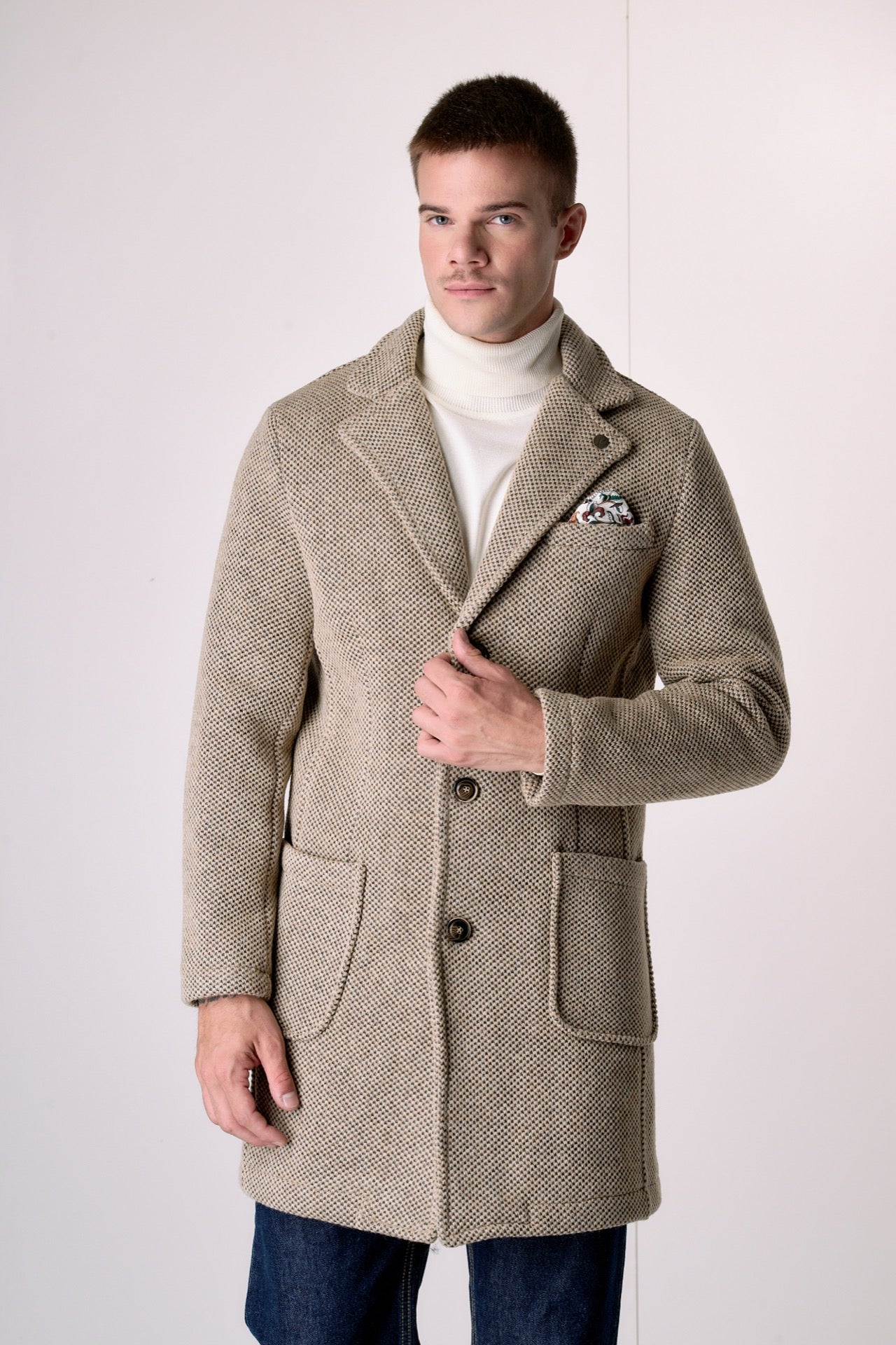 Cappotto Monopetto punto riso Sabbia con fodera interna e pochette in Tessuto V2