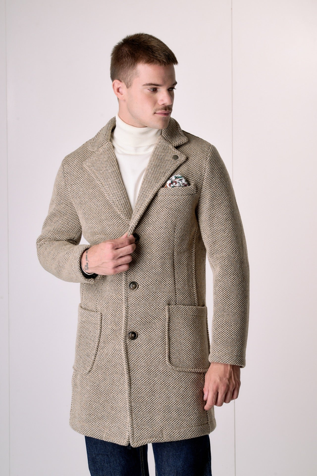 Cappotto Monopetto punto riso Sabbia con fodera interna e pochette in Tessuto V2