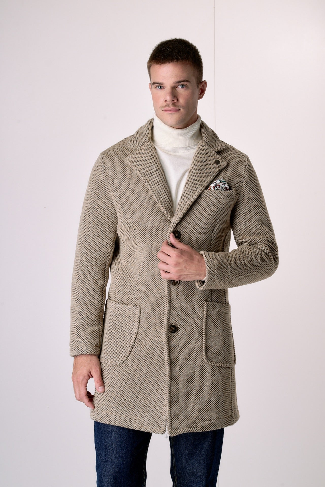 Cappotto Monopetto punto riso Sabbia con fodera interna e pochette in Tessuto V2