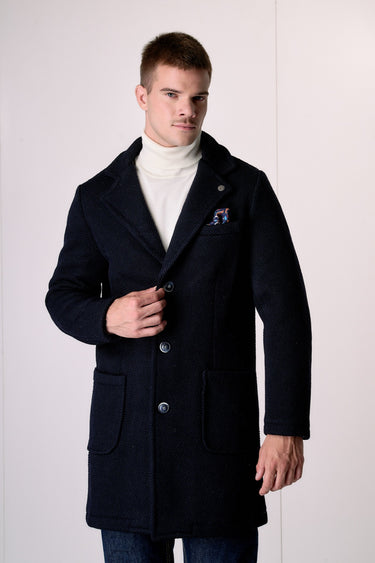 Cappotto Monopetto punto riso Blu con fodera interna e pochette in Tessuto V2