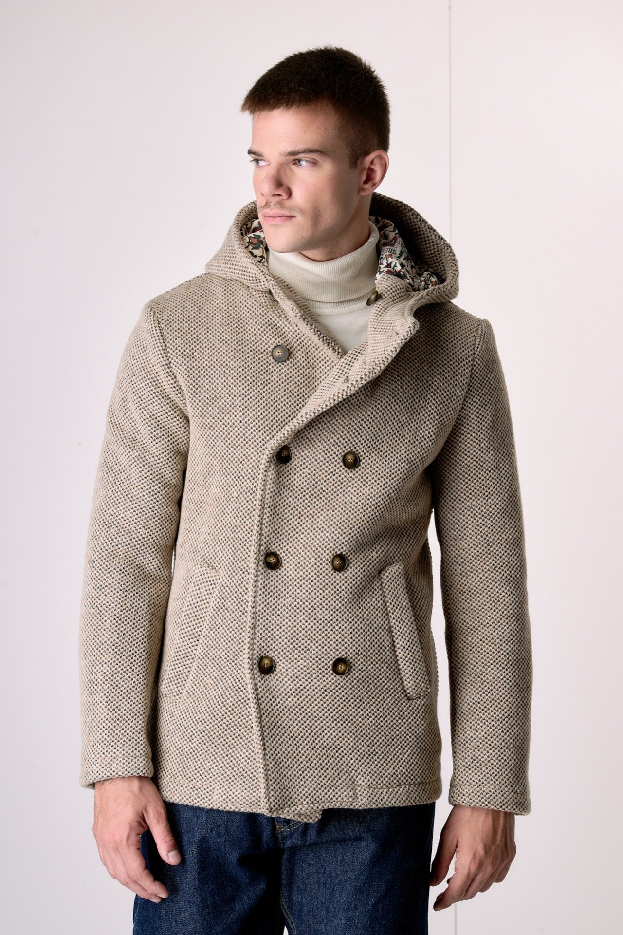 Peacot Doppiopetto punto riso Sabbia con fodera interna in Tessuto V2