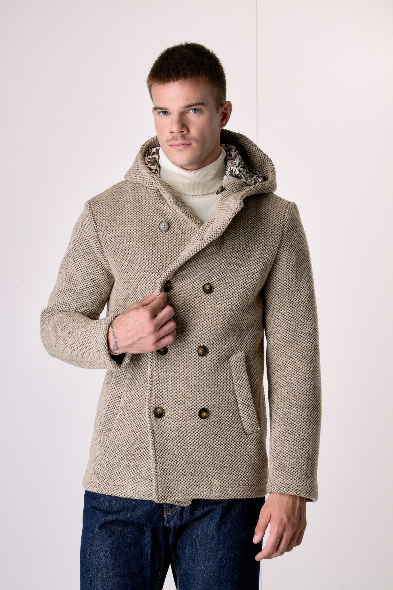 Peacot Doppiopetto punto riso Sabbia con fodera interna in Tessuto V2