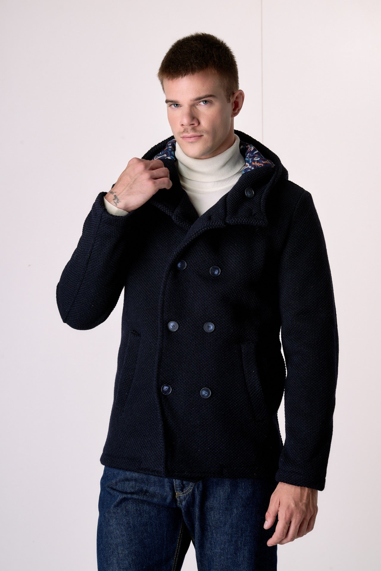 Peacot Doppiopetto punto riso Blu con fodera interna in Tessuto V2