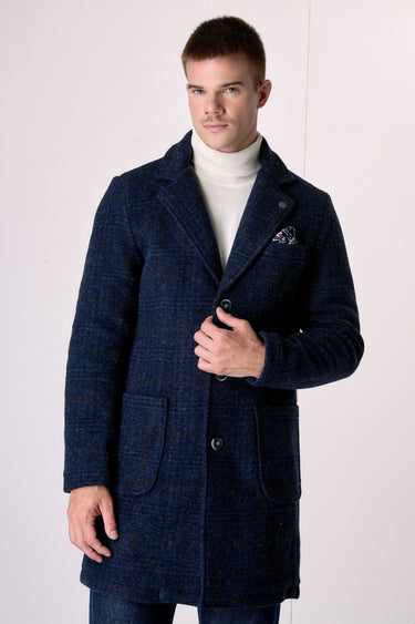 Cappotto Monopetto in lana cotta Principe di Galles Blu con fodera interna e pochette in tessuto V2