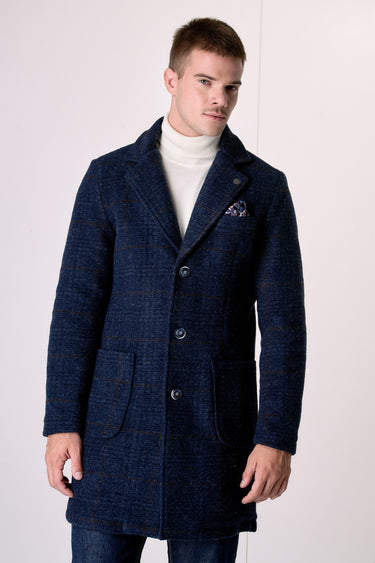 Cappotto Monopetto in lana cotta Principe di Galles Blu con fodera interna e pochette in tessuto V2