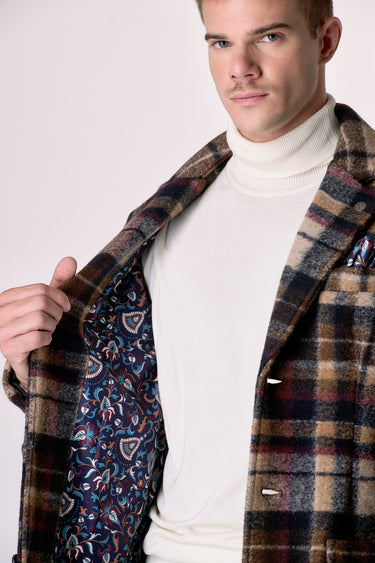 Cappotto Monopetto in lana cotta Check Multicolor Blu con fodera interna e pochette in tessuto V2