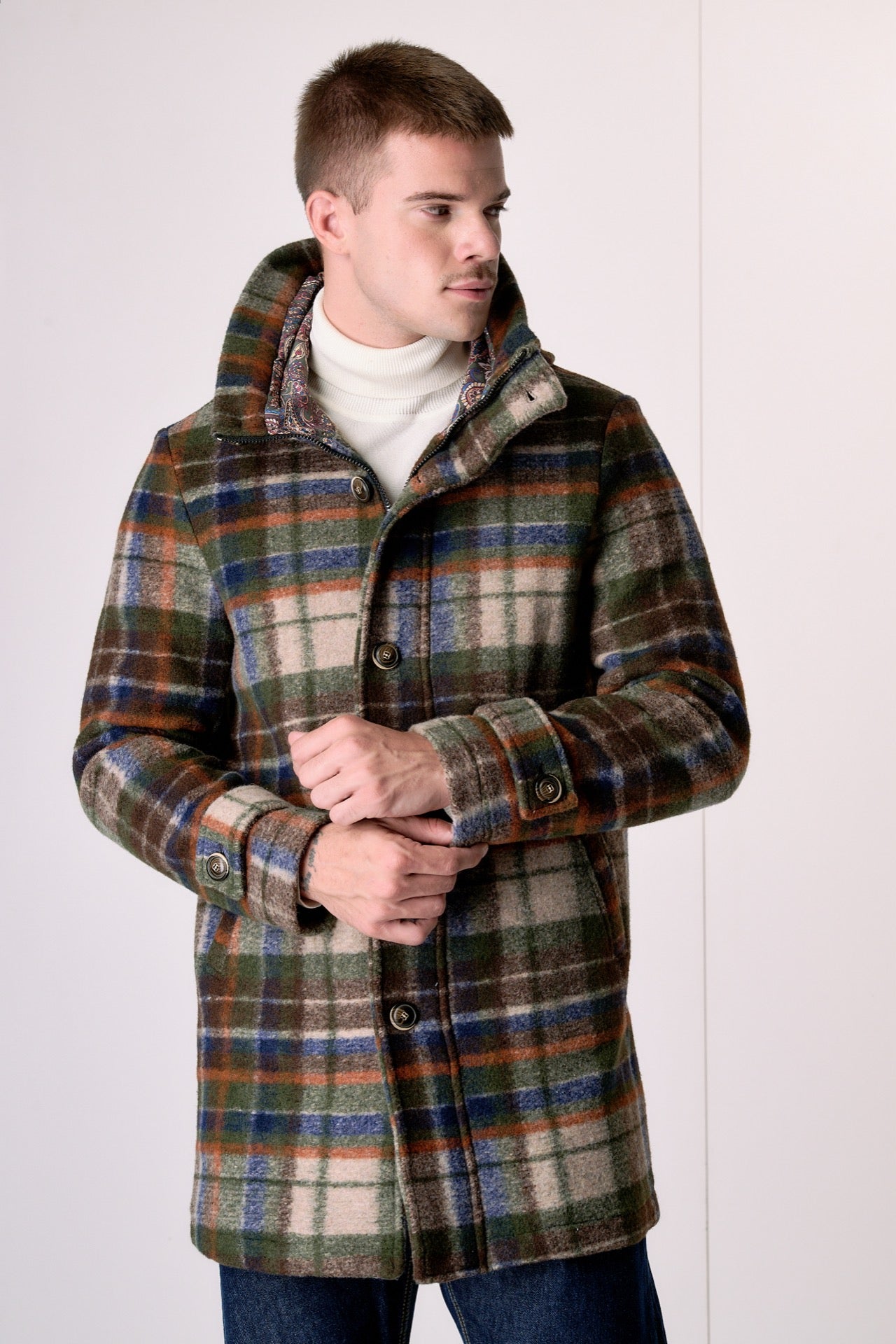 Parka in lana cotta Check Multicolor Verde Militare con fodera interna in tessuto V2