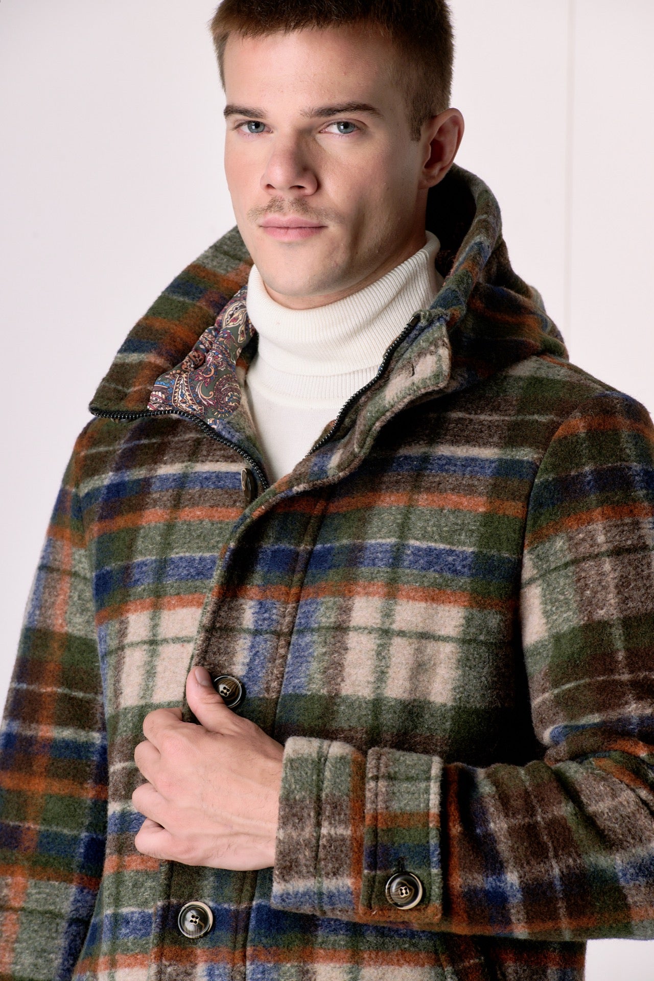 Parka in lana cotta Check Multicolor Verde Militare con fodera interna in tessuto V2