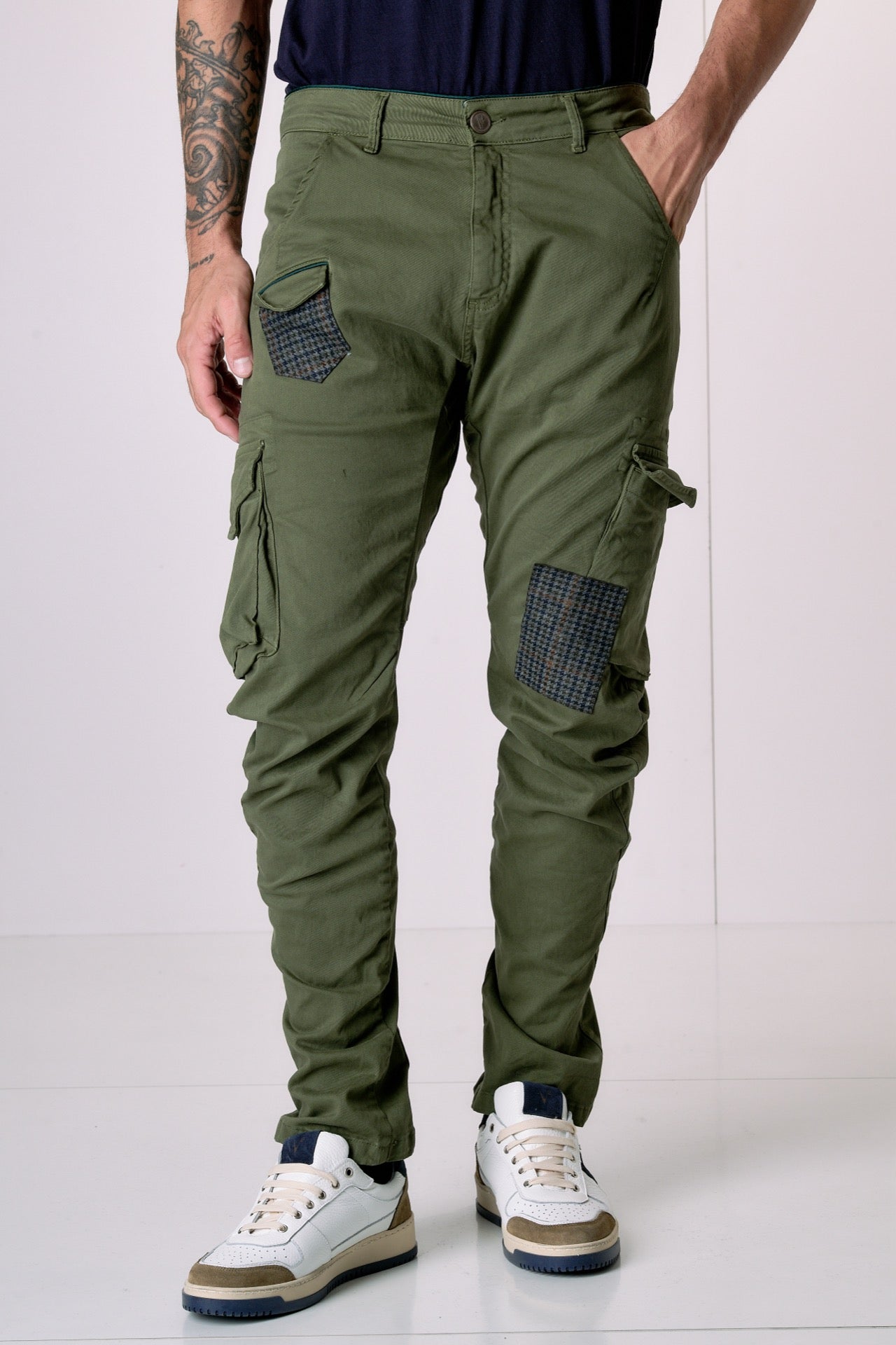 TEXAS - Cargo Slim Verde Militare con Patchwork in tessuto V2