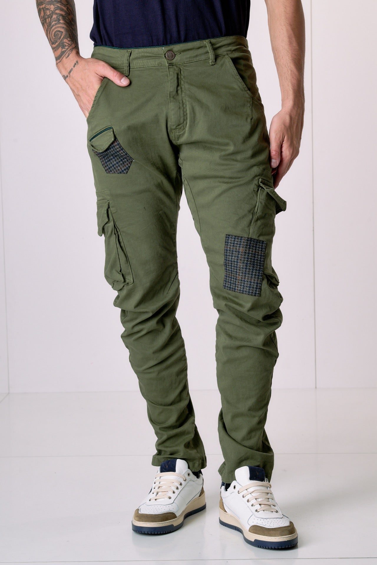 TEXAS - Cargo Slim Verde Militare con Patchwork in tessuto V2
