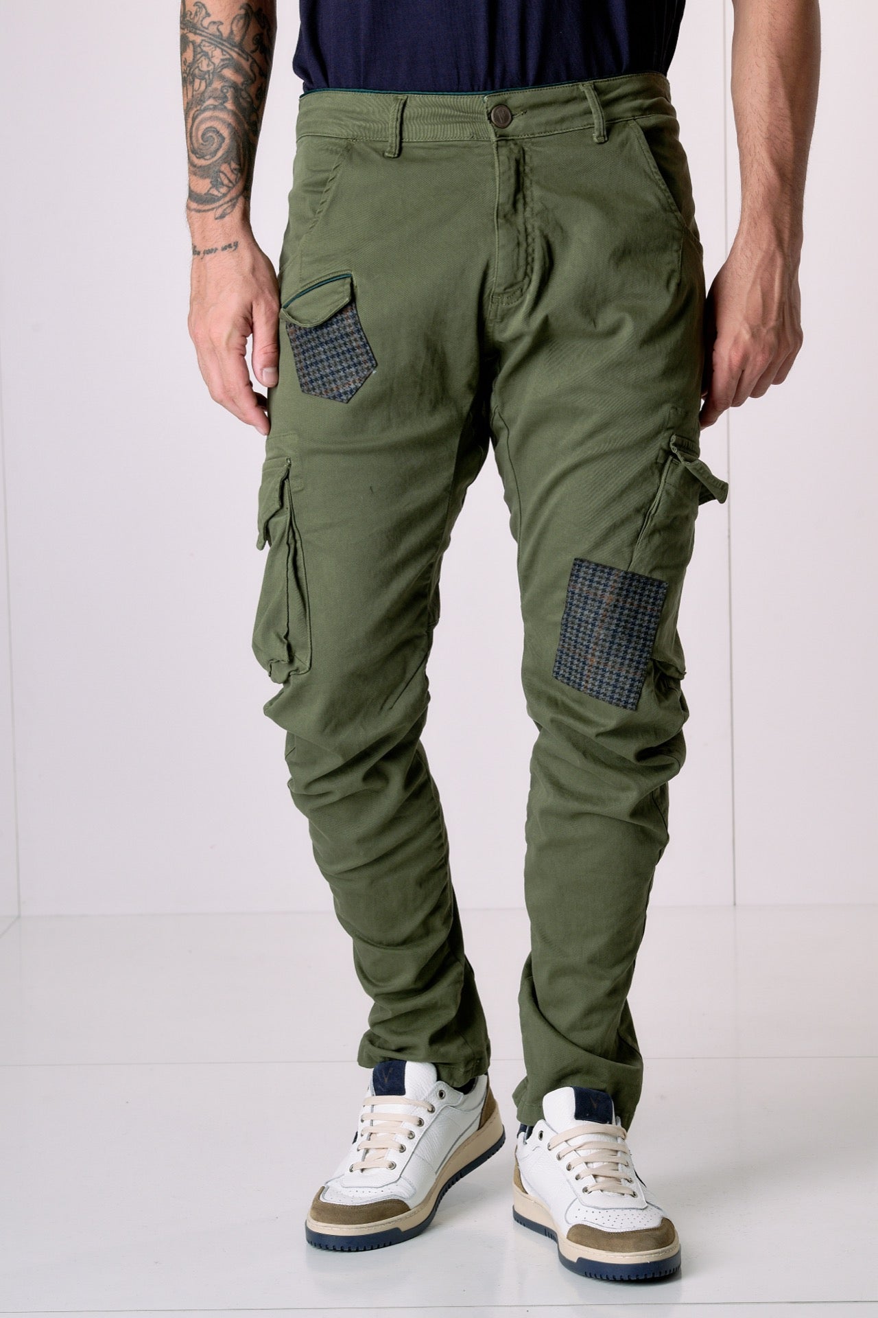 TEXAS - Cargo Slim Verde Militare con Patchwork in tessuto V2