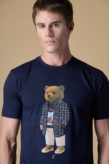 T-Shirt Blu con stampa Teddy e inserti in tessuto V2