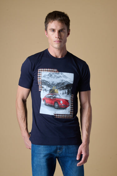 T-Shirt Blu con stampa Supercar e inserti in tessuto V2