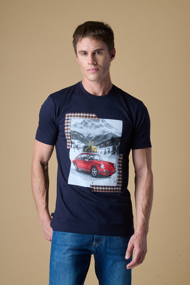 T-Shirt Blu con stampa Supercar e inserti in tessuto V2