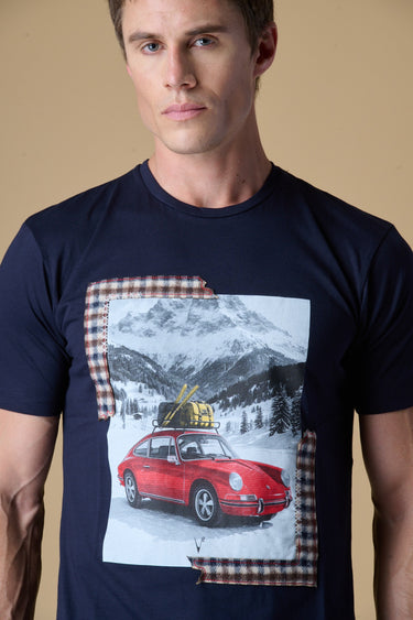 T-Shirt Blu con stampa Supercar e inserti in tessuto V2
