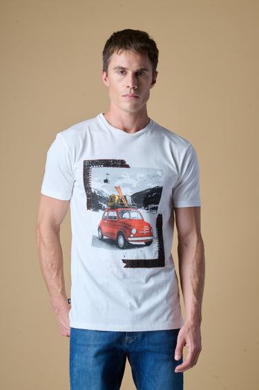 T-Shirt Bianca con stampa Macchina Vintage e inserti in tessuto V2