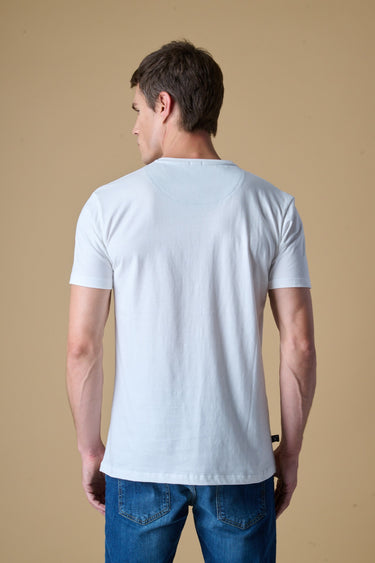 T-Shirt Bianca con stampa Macchina Vintage e inserti in tessuto V2