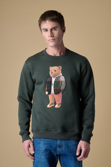 Felpa Girocollo Verde Militare con stampa Teddy e ricamo in tessuto V2