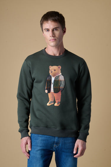 Felpa Girocollo Verde Militare con stampa Teddy e ricamo in tessuto V2