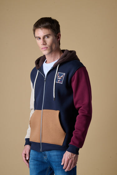 Felpa con Cappuccio e Zip 4 Color Block Blu