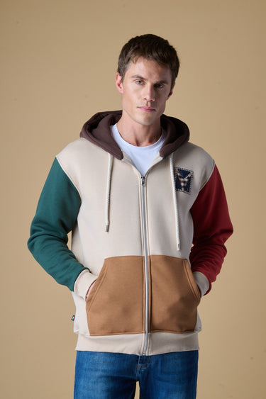 Felpa con Cappuccio e Zip 4 Color Block Sabbia