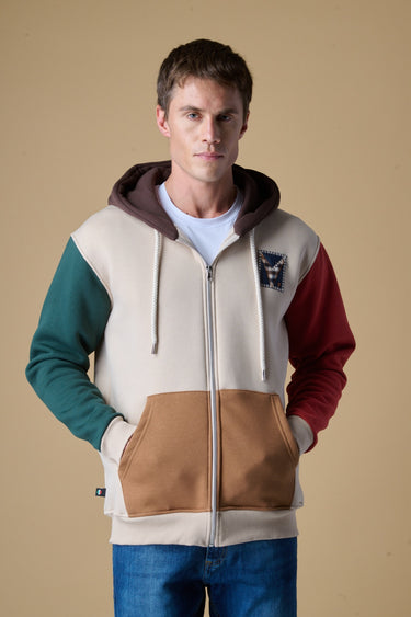 Felpa con Cappuccio e Zip 4 Color Block Sabbia