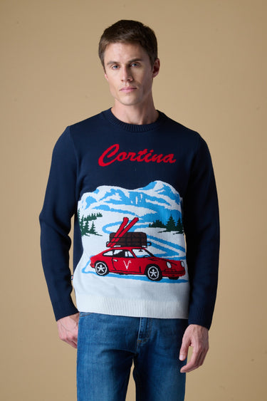 Maglione Girocollo con intarsio Jaquard Cortina Blu