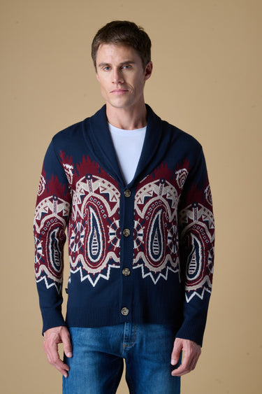 Cardigan Sciallato con intarsio Jaquard Paisley Blu