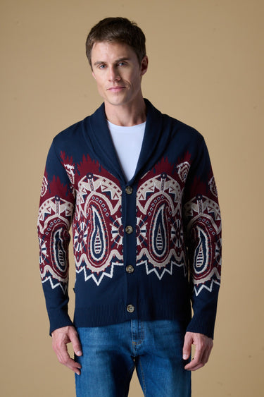 Cardigan Sciallato con intarsio Jaquard Paisley Blu