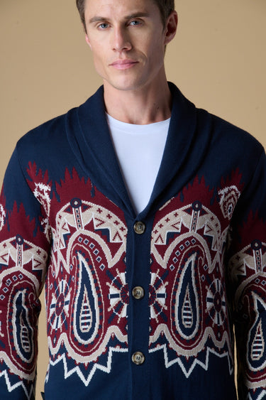 Cardigan Sciallato con intarsio Jaquard Paisley Blu