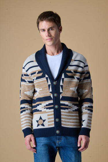 Cardigan Sciallato con intarsio Jaquard Aztec Sabbia