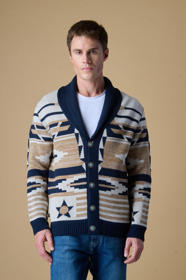Cardigan Sciallato con intarsio Jaquard Aztec Sabbia
