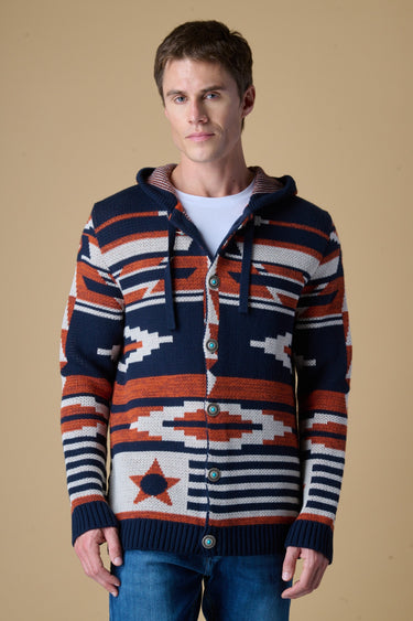 Cardigan Cappuccio e Bottoni con intarsio Jaquard Aztec Blu