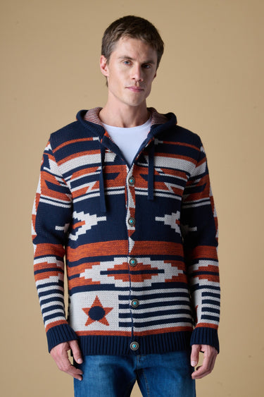 Cardigan Cappuccio e Bottoni con intarsio Jaquard Aztec Blu